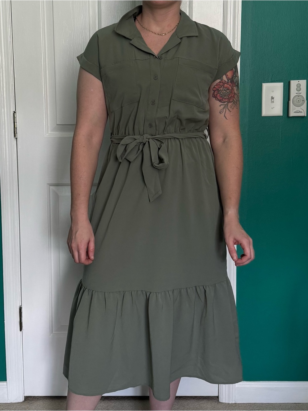Lucky Brand Olive Tie-Waist Midi Dress